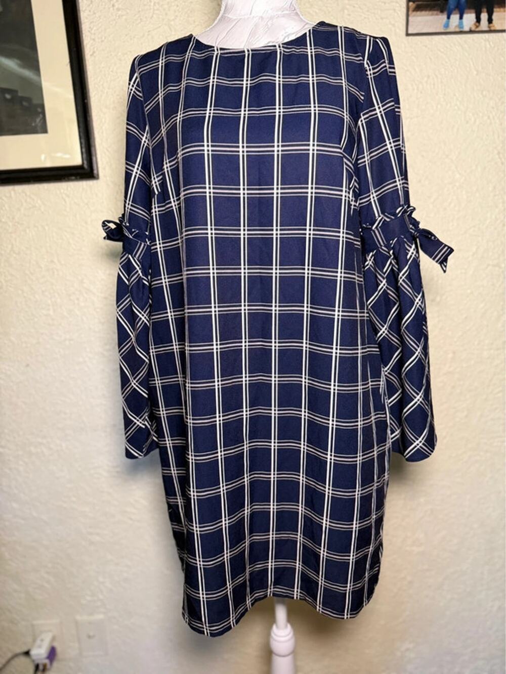 ECI New York Navy Blue & Gray Windowpane Shift Dress Bow Bell Sleeves - Size 6